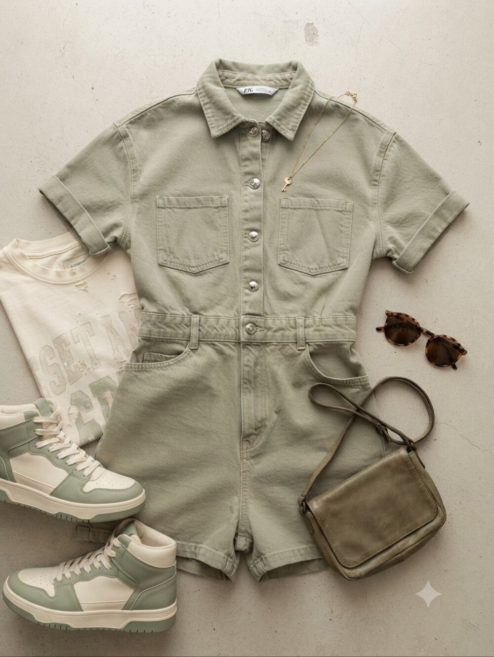 Zara Gray Green Cotton Denim Romper